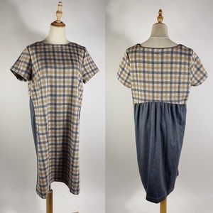 J. JILL Knit Short Sleeve Plaid Dress Gray Tan Womens Medium like NEW